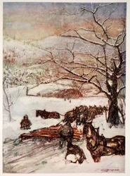 Schneepflug, gezogen von acht oder zehn Pferden, 1905